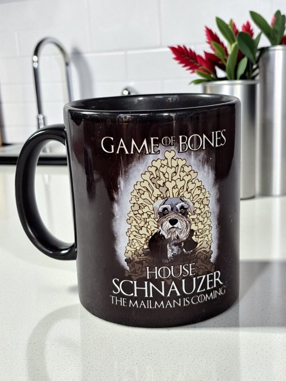 Game Of Bones Mug Cup 12 oz Ceramic House Schnauzer The Mailman is Coming